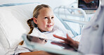 Hospital bed, smile and doctor on tablet with child for medical service, consulting and treatment. Healthcare, pediatrician and woman on tech with girl for surgery, results and patient diagnosis