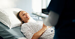 Smile, woman and nurse for checkup in bed for wellness, medical report and surgery feedback. Person, consultation and digital with patient for recovery, treatment progress and results from operation