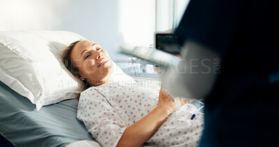 Buy stock photo Smile, woman and nurse for checkup in bed for wellness, medical report and surgery feedback. Person, consultation and digital with patient for recovery, treatment progress and results from operation
