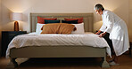 Woman, blanket and tidy bed in home for cleaning, morning habit and mattress care. Mature person, bedding and neat bedroom in apartment with daily routine, linen maintenance and straighten sheets