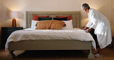 Buy stock photo Woman, blanket and tidy bed in home for cleaning, morning habit and mattress care. Mature person, bedding and neat bedroom in apartment with daily routine, linen maintenance and straighten sheets