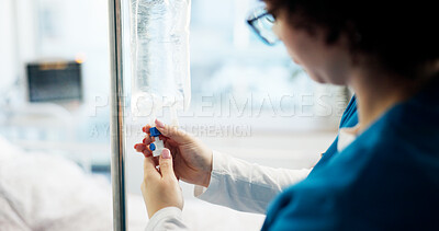 Buy stock photo Nurse, hands and check iv drip in hospital for medication, illness treatment or patient nutrients. Liquid, woman and monitor intravenous infusion for hydration, anesthesia and prepare prescription 