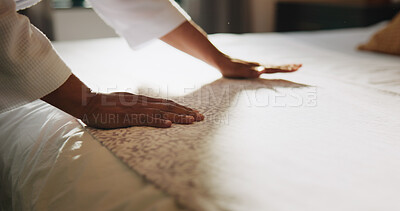 Buy stock photo Cleaning, hands and blanket with person and bed for housekeeping, dusting and hospitality. Mattress, fabric and duvet bedding with closeup of cleaner in bedroom of hotel for hygiene, tidy and chores