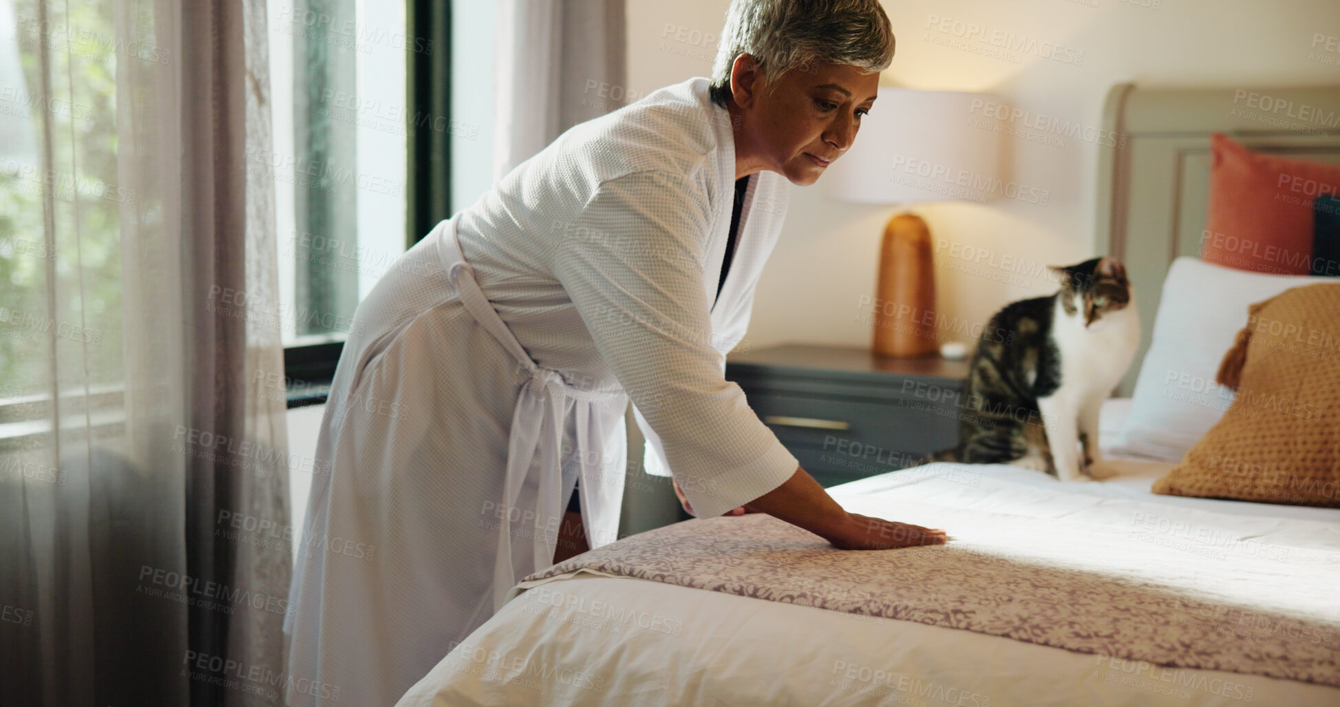 Buy stock photo Woman, sheets and tidy bed in home for cleaning, morning habit and resting place for cat. Mature pet owner, blankets and straighten in bedroom for animal care, daily routine and linen maintenance