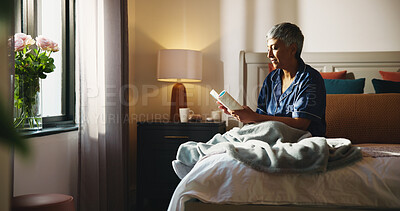 Buy stock photo Reading, relax and book with old woman in bed for knowledge, literature self help study. Mindfulness novel, learning and retirement with senior person in bedroom of home for information and rest