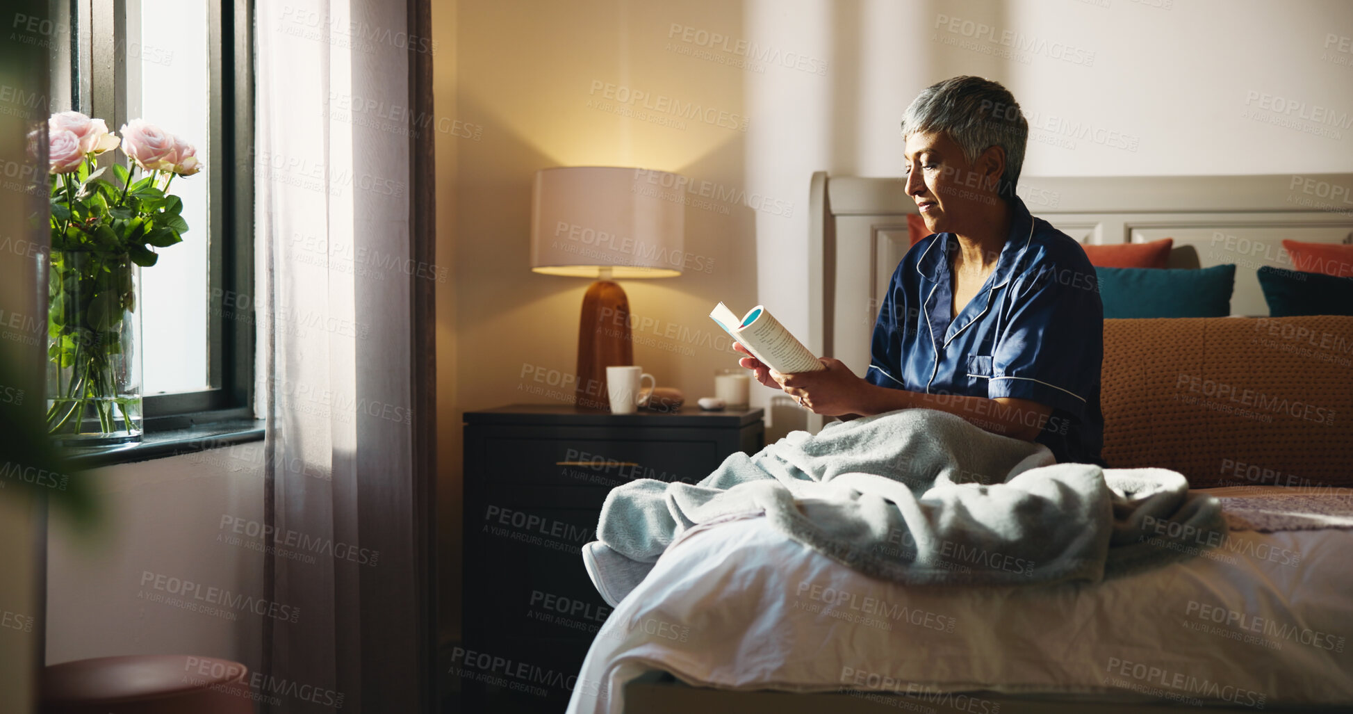 Buy stock photo Reading, relax and book with old woman in bed for knowledge, literature self help study. Mindfulness novel, learning and retirement with senior person in bedroom of home for information and rest