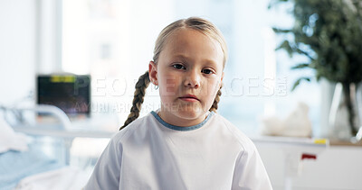 Buy stock photo Girl, child and sick in portrait at hospital for recovery, treatment or pediatric service for wellness. Kid, face and patient with illness, tired and rehabilitation with health at clinic in France