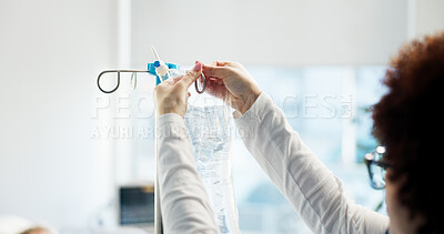 Buy stock photo Nurse, hands and iv drip in hospital for medicine, illness treatment or patient nutrients. Liquid, woman and monitor intravenous infusion for hydration, anesthesia and prepare prescription medication