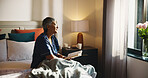 Reading, thinking and senior woman with book on bed in home with hobby, literature or knowledge. Relax, fiction and elderly female person in retirement enjoying fantasy story in bedroom of apartment.