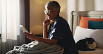 Smile, relax and book with old woman in bed for knowledge, literature and self help study. Mindfulness novel, learning and retirement with senior person in bedroom of home for information and reading
