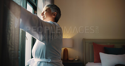 Buy stock photo Open, window and woman in bedroom, morning or smile for sunrise on weekend, confident and apartment. View, happy and mature person with routine, curtains and wake up in home, fresh air and sunlight
