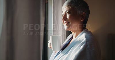Buy stock photo Senior, happy woman and morning with coffee by window for day dreaming, vision or memory at home. Female person, relax and smile with cup or mug of caffeine in wonder or thought for fresh start