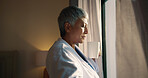 Coffee, wake up and window with woman in bedroom of home for retirement or start of morning. Aroma, curtain and view with mature person drinking beverage in apartment for weekend break or wellness