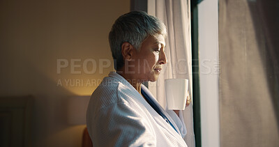 Buy stock photo Coffee, wake up and window with woman in bedroom of home for retirement or start of morning. Aroma, curtain and thinking with mature person drinking beverage in apartment for memories or nostalgia
