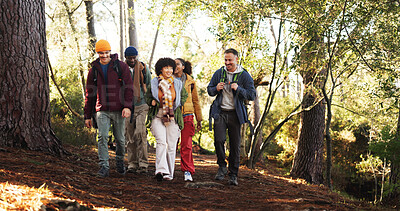 Buy stock photo Hiking, nature and group of friends with adventure, journey or activity on outdoor vacation. Walking, woods and people with trekking together for hobby, exploring or travel in forest on holiday.