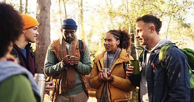 Buy stock photo Hiking, friends or group with coffee in forest for trekking break, travel adventure or conversation. Backpacking, backpack and people with warm drink for winter journey, bonding together or diversity