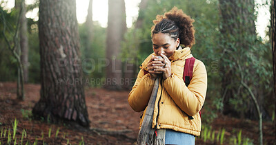 Buy stock photo African woman, hiking and smell coffee in forest on break, smile and backpack for journey in nature. Person, scent and aroma with trekking in woods, happy and tourism with memory on trail in Nigeria