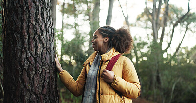 Buy stock photo Hiking, forest and african woman touch tree outdoor as naturalist, environmentalist or nature lover. Connection, appreciation or hiker person trekking for adventure, travel and vacation by woods