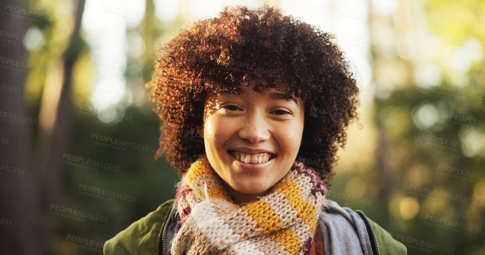 Buy stock photo Portrait, happy and woman in woods, hiking and adventure for traveller in nature, holiday or travel. Outdoor, hiker and person with smile in forest, journey and tourism on vacation, confident or USA