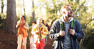 Buy stock photo Hiking, nature and man with friends with adventure, journey or activity on outdoor vacation. Walking, woods and people with trekking together for hobby, exploring or travel in forest on holiday.