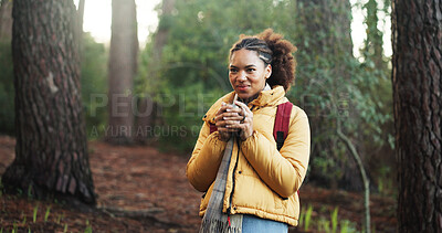 Buy stock photo African woman, coffee and hiking in jungle for cold morning, travel and trekking adventure. Smile, female person and warm beverage for backpacking, enjoy aroma and reflection for sightseeing in woods
