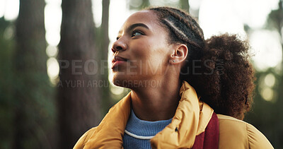 Buy stock photo Thinking, hiking and woman in forest, journey and calm with hobby, holiday and weekend break. Outdoor, person and hiker in woods, contemplation and travel with environment, nature and trekking