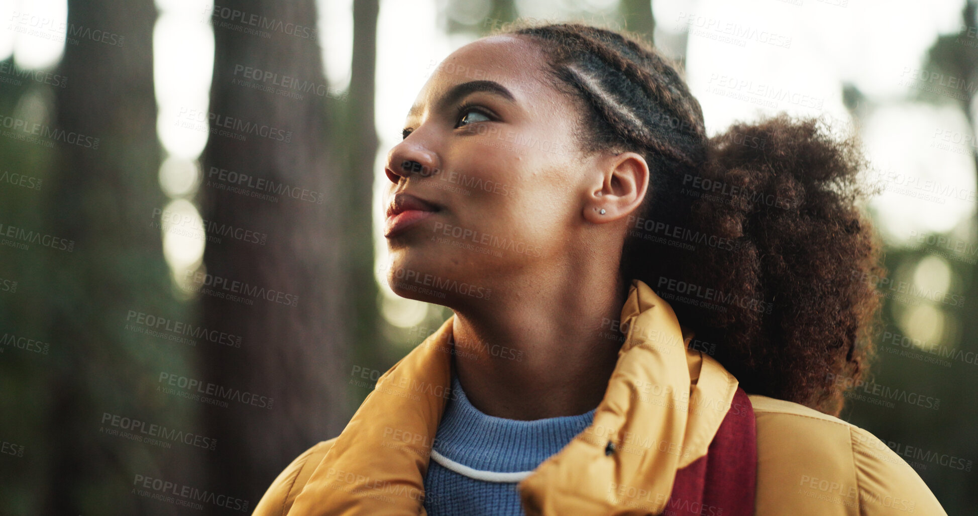 Buy stock photo Thinking, hiking and woman in forest, journey and calm with hobby, holiday and weekend break. Outdoor, person and hiker in woods, contemplation and travel with environment, nature and trekking