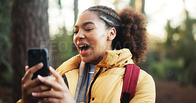 Buy stock photo Woman, video call and hiking in forest with phone, happy and social media with adventure in nature. African person, smartphone and smile in woods with mobile app, live stream and trekking in Nigeria