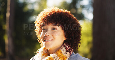 Buy stock photo Thinking, woman and smile for hiking in forest, ideas and decision for travel destination. Female person, thoughts and planning for backpacking, trekking route and reflection for adventure activity