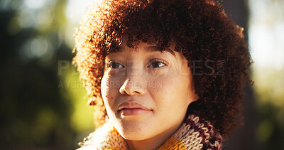 Buy stock photo Happy, woman and thinking for hiking in forest, ideas and decision for travel destination. Female person, contemplation and planning for backpacking, trekking route and reflection of weekend activity