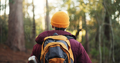 Buy stock photo Travel, back view and man hiking in forest for fitness and energy with bag, hobby and adventure. Outdoor, holiday and male person trekking in woods with environment, nature and journey to explore