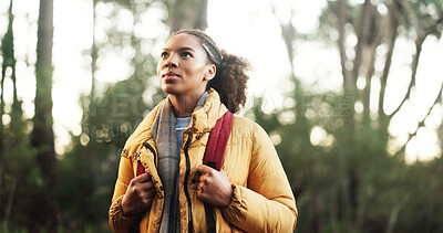 Buy stock photo Thinking, hiking and black woman in woods, journey and  nature with fitness, hobby and weekend break. Outdoor, person and hiker with holiday, trekking and travel with environment and explore
