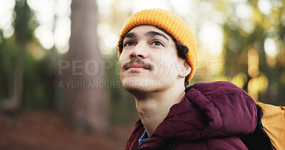 Buy stock photo Thinking, hiking and man with journey, outdoor and space with fitness, hobby and weekend break. Holiday, person and hiker in woods, contemplation and travel with environment, nature and trekking