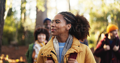 Buy stock photo Hiking, nature and woman with friends with adventure, journey or activity on outdoor vacation. Walking, woods and female person with people for trekking with hobby, exploring or travel on holiday.