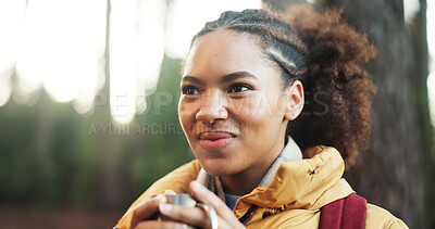 Buy stock photo Thinking, African woman and hiking in forest with coffee, ideas and decision for travel destination. Female person, wonder and planning for backpacking, trekking route and reflection of fitness hobby