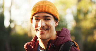 Buy stock photo Happy, hiking and portrait of man in nature for trekking, adventure and wilderness explore. Eco tourism, backpacking travel and journey with person in forest for vacation, peace and wellness trip