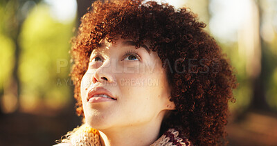 Buy stock photo Thinking, woman and hiking in forest with journey, ideas and decision for travel destination. Female person, contemplation and closeup for planning, trekking choice and reflection for adventure hobby