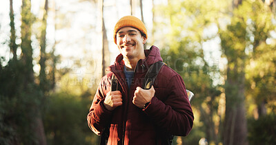 Buy stock photo Smile, hiking and portrait of man in nature for trekking, adventure and wilderness explore. Eco tourism, backpacking travel and journey with person in forest for vacation, peace and wellness trip