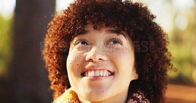 Buy stock photo Hiking, smile and thinking with woman in forest for adventure, journey or travel as tourist. Face, idea and nature with happy hiker person outdoor in woods to explore location for sightseeing