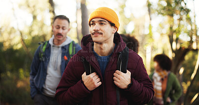 Buy stock photo Hiking, nature and man with friends with activity, journey or adventure on outdoor vacation. Walking, woods and people with trekking together for hobby, exploring or travel in forest on holiday.