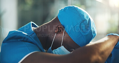 Buy stock photo Cry, sad and healthcare with doctor in hospital for surgery error, patient death and depression. Medical malpractice, insurance liability and emergency with person in clinic for mistake and loss