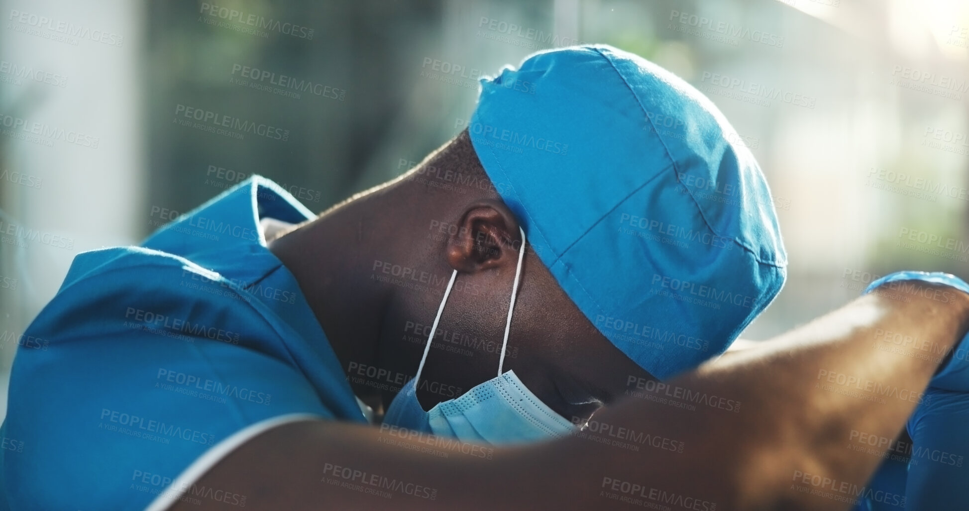 Buy stock photo Cry, sad and healthcare with doctor in hospital for surgery error, patient death and depression. Medical malpractice, insurance liability and emergency with person in clinic for mistake and loss