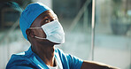 Black man, thinking and healthcare with doctor in hospital for surgery error, patient death and depression. Medical malpractice, insurance liability and emergency with person in clinic for mistake