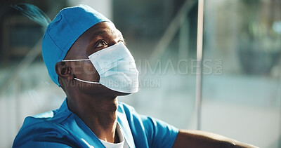 Buy stock photo Black man, sad and healthcare with doctor in hospital for surgery error, patient death and depression. Medical malpractice, insurance liability and emergency with surgeon in clinic for mistake
