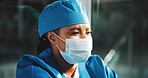 Sad, thinking and healthcare with doctor in hospital for surgery error, patient death and depression. Medical malpractice, insurance liability and emergency with person in clinic for mistake