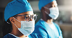 Thinking, doctor and woman with mask for surgery, medical career or wellness in hospital. Clinic, emergency or surgeon with scrubs, confidence or solution for healthcare services, medicine or help