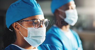 Buy stock photo Thinking, doctor and woman with mask for surgery, medical career and wellness in hospital. Clinic, colleague or surgeon with scrubs, confidence or team for healthcare services, emergency and help