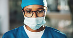 Portrait, doctor and black woman with mask for surgery, medical career or wellness in hospital. Clinic, face or confident surgeon with scrubs or confidence for healthcare services, medicine or help