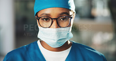 Buy stock photo Portrait, doctor and black woman with mask for surgery, medical career or wellness in hospital. Clinic, face or confident surgeon with scrubs or confidence for healthcare services, medicine or help