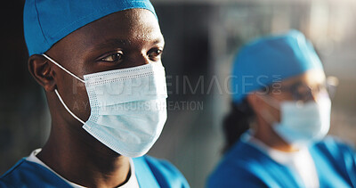 Buy stock photo Thinking, doctor and man with mask for surgery, medical career or wellness in hospital. Clinic, emergency or male surgeon with scrubs, confidence or solution for healthcare services, medicine or help